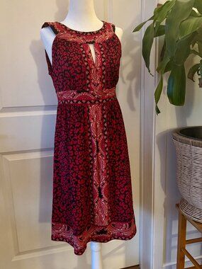 Red Black Scarf Print Midi Dress | Ornate Border Size M